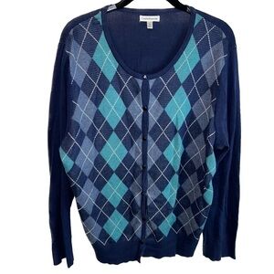 Croft & Barrow Cardigan Long Sleeve Button Front Argyle Geometric Lined Print